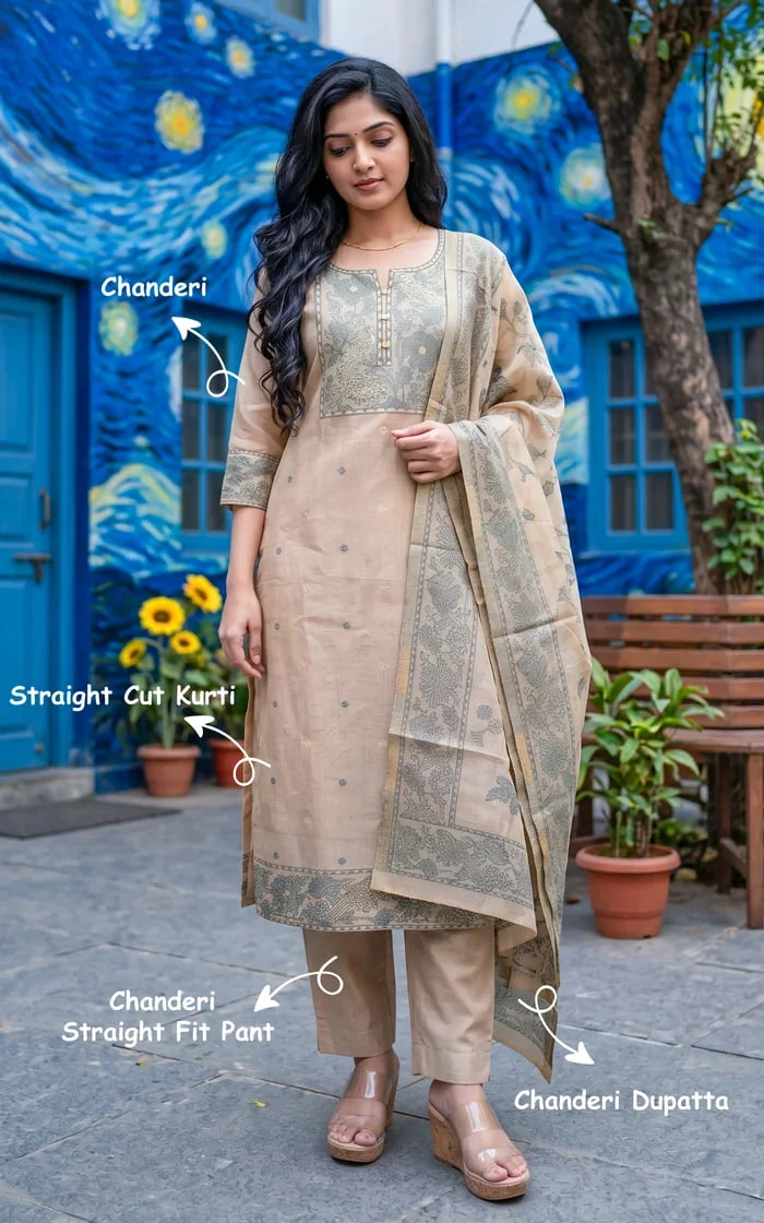 Beige Peacock and Floral Yoke print Straight cut Kurta set